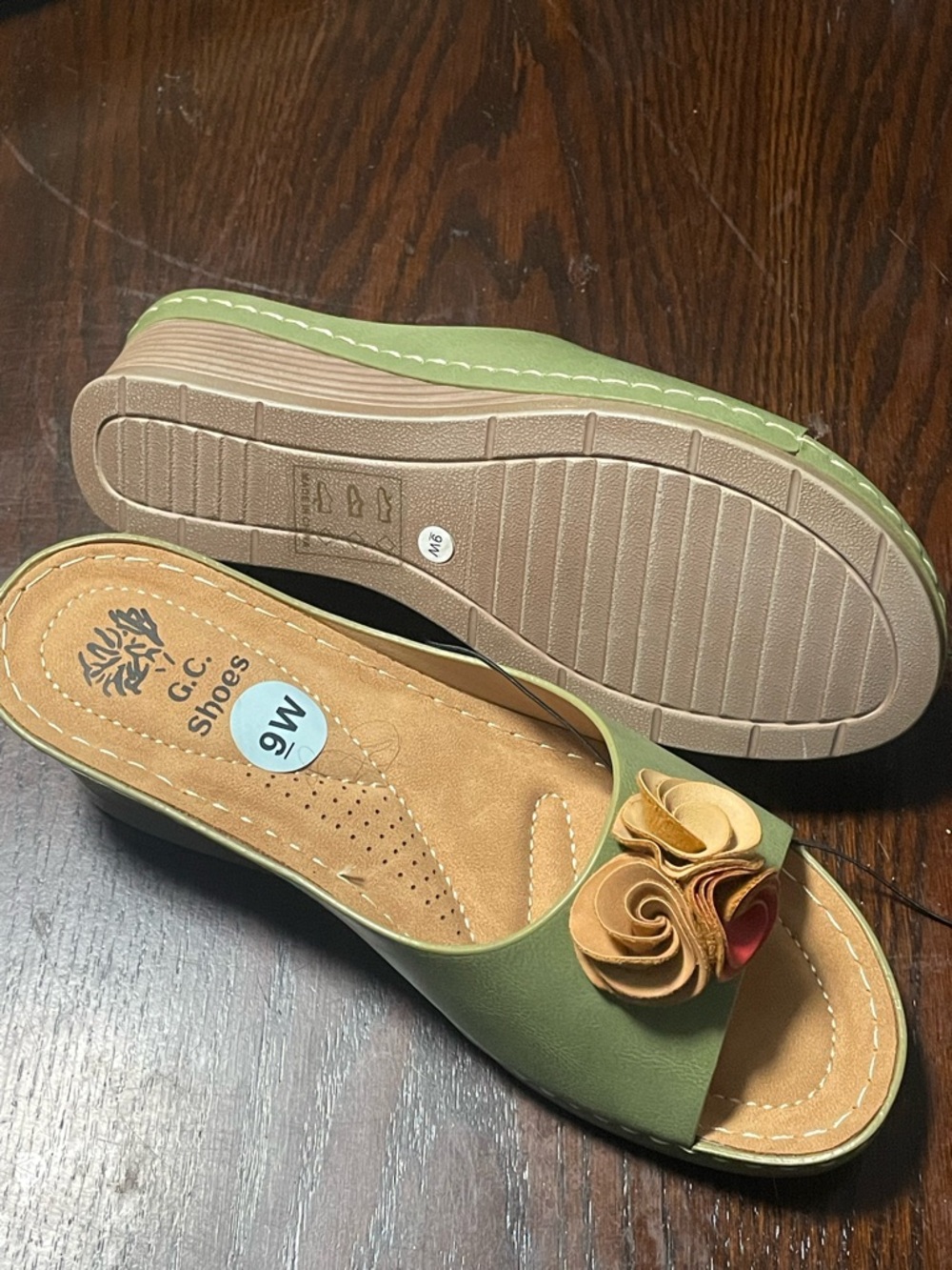 Women’s Olive Green Slide Sandals with Floral Accent - Picture 2 of 5